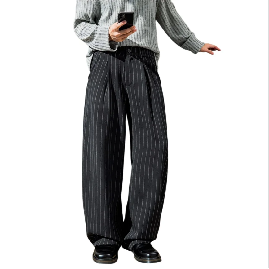 2026 Autumn New Vertical Striped Pleated Suit Pants Drape Straight Loose Casual Korean Baggy High Street Men's Y2K Trousers