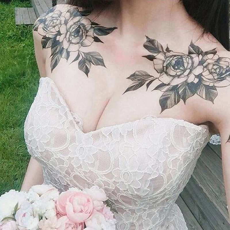 Temporary Tattoo Sheet Black Rose Flower Floral Sticker Sexy Body Art Tattoo