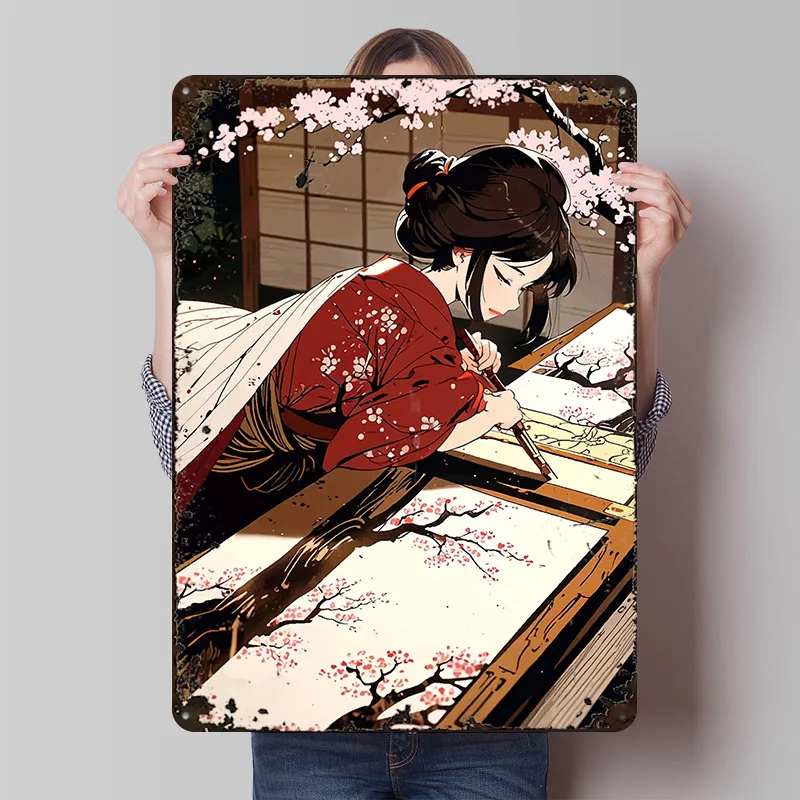 Japanische Frau malt Kirschblüten – Bedrucktes Poster, personalisierte Retro-Wandkunst, Vintage-Metallschilder für die Männerhöhle-Dekoration