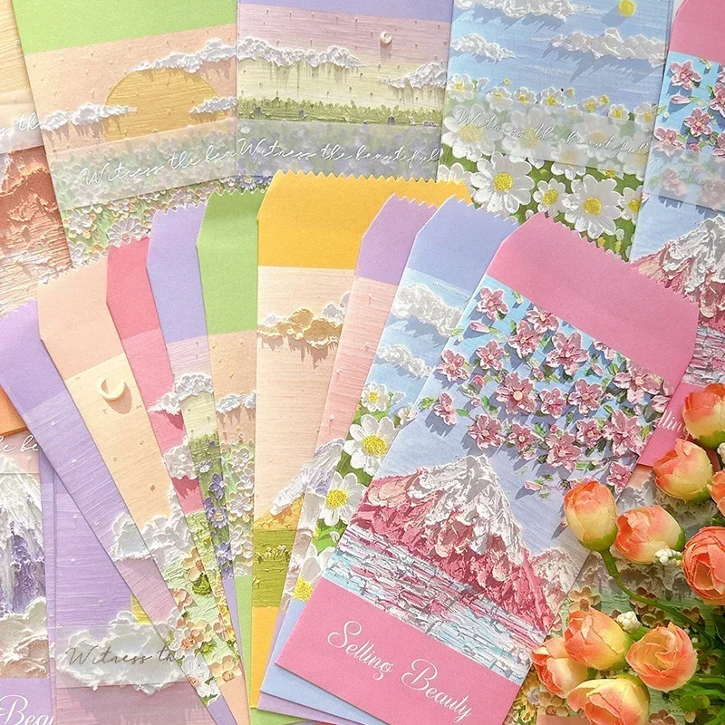 

10 шт., розовая ромашка, офисная картина маслом, печатные карты, школьные красочные романтические конверты, принадлежности, бумажные конверты 175*88 мм