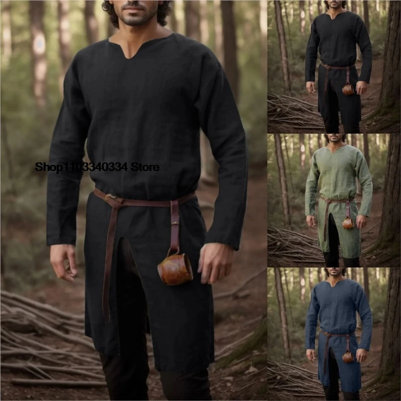 

Medieval Renaissance Retro Linen Shirt Tops Tunic Male Long Robes Dress Vintage Jackets Knight Vikings Pirate Cosplay Costumes