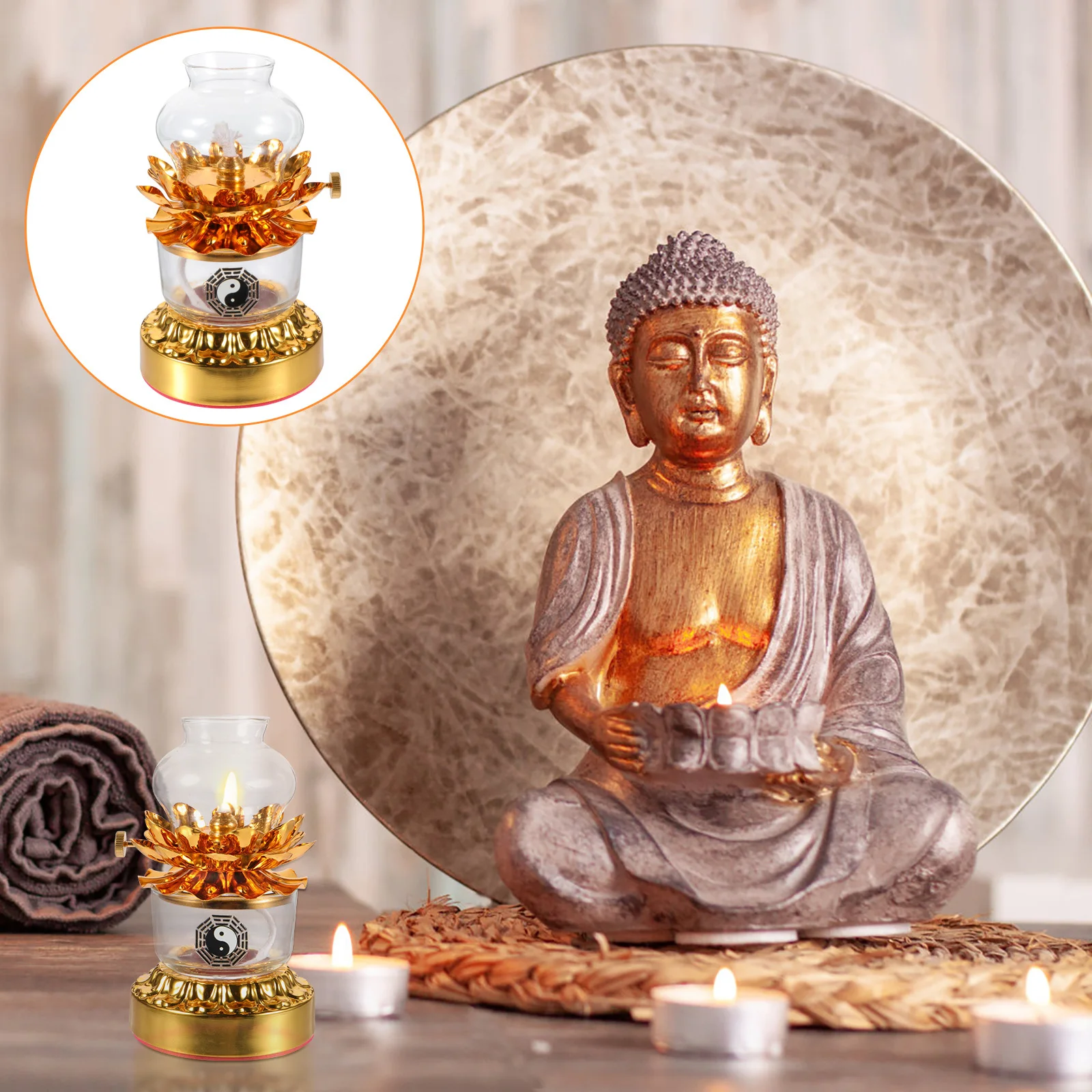 

Small Vintage Oil Lamp Alloy Buddha Offering Butter Lamp for Temple Worship Indoor Use Windproof Dimming Light Decor