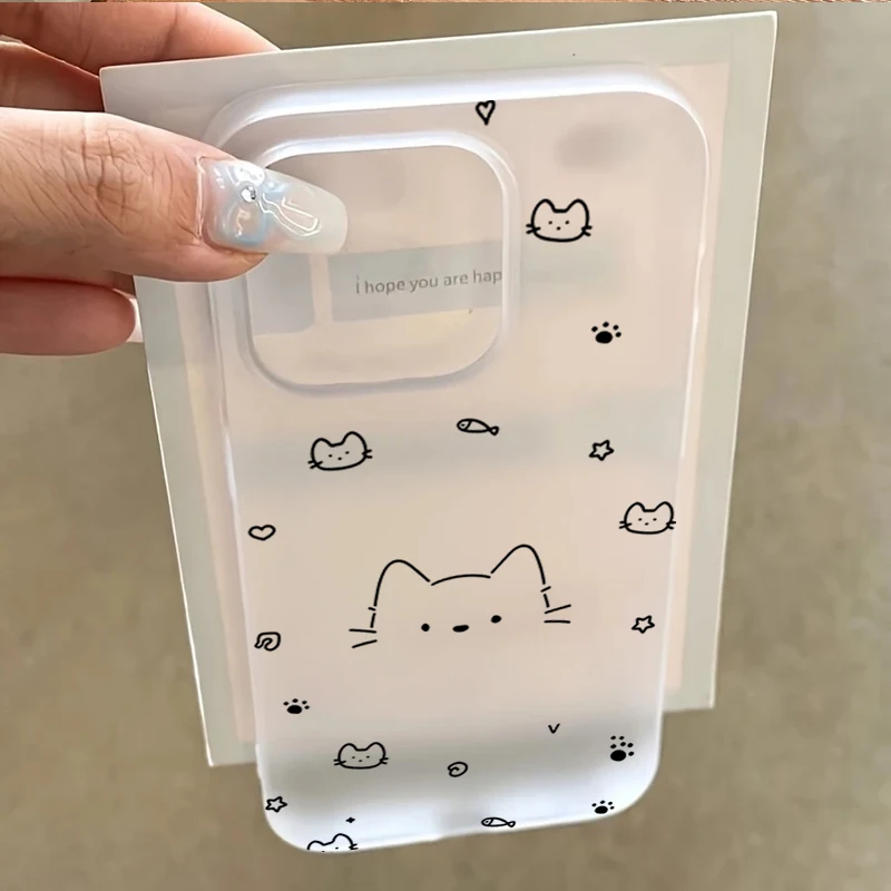 Coque de téléphone transparente mate à motif de chat de dessin animé mignon pour iPhone 17 16 15 14 Pro Max 13 12 11 XS X XR 7 8 Plus 17 Air Cover