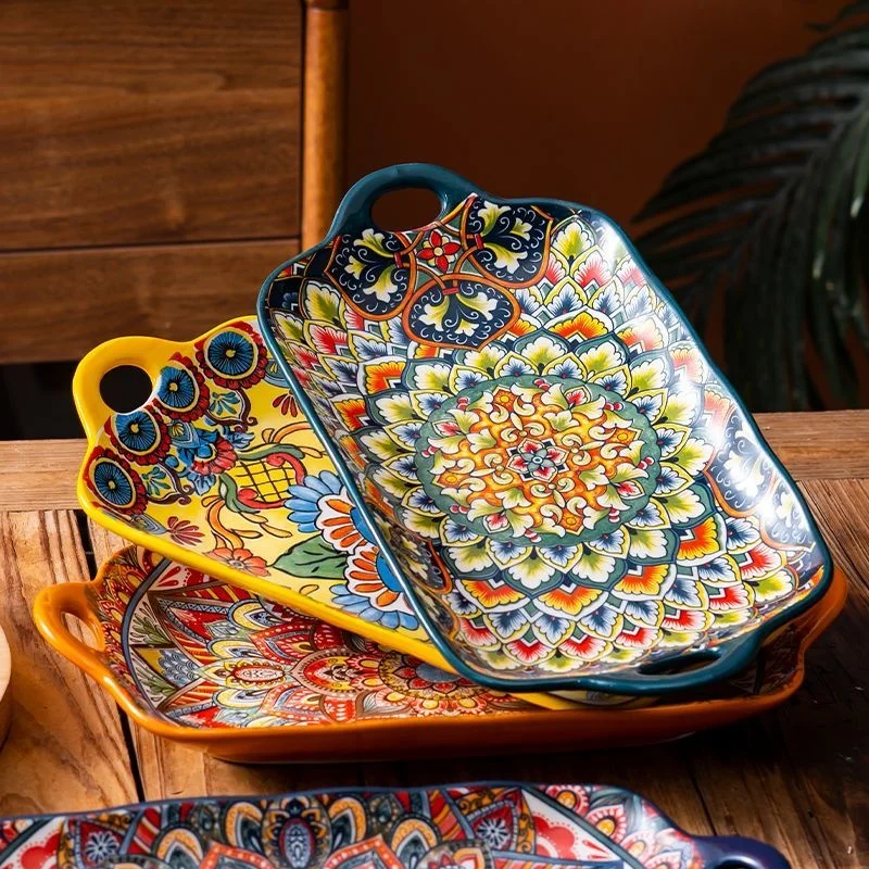 New Bohemian Retro Double Ear Ceramic Dining Plate Underglaze Color Craftsmanship Patterns Intricate Visual Art Fish Tray