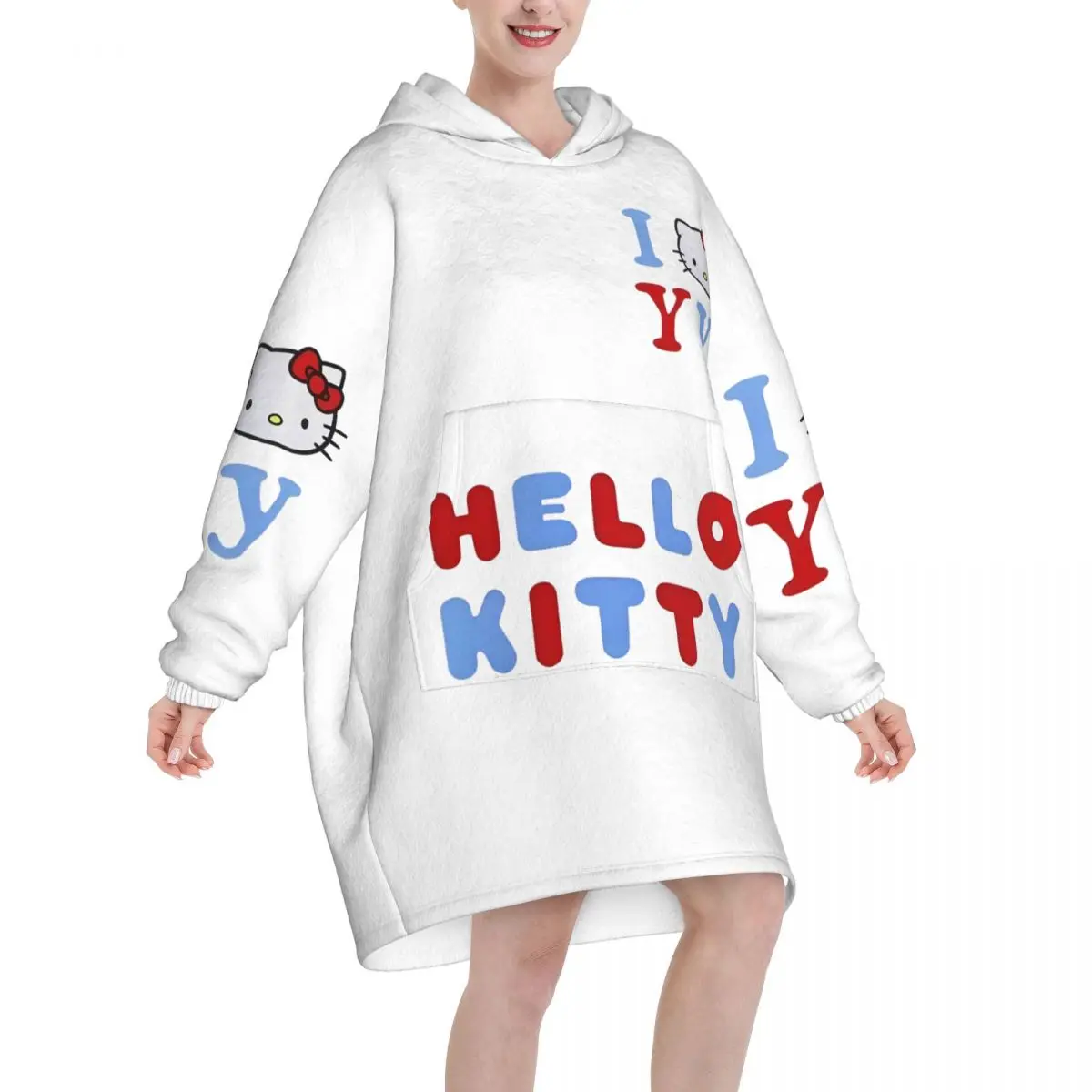 Koc z kapturem Hello Kitty, koc do noszenia, oversize z kieszenią, ciepły śpiwór, miękki i przytulny onesie