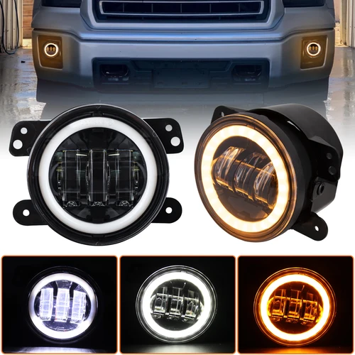 Un par de luces antiniebla LED de 4 pulgadas, luz de conducción de coche redonda de 60W con anillo de Halo ámbar blanco, lámparas antiniebla DRL todoterreno para Wrangler JK TJ