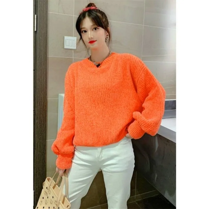 Chenille Sweater Pullover Lantern Sleeves Versatile Loose and Lazy Autumn/Winter New Knitted O Neck Sweater Pullover Female Top