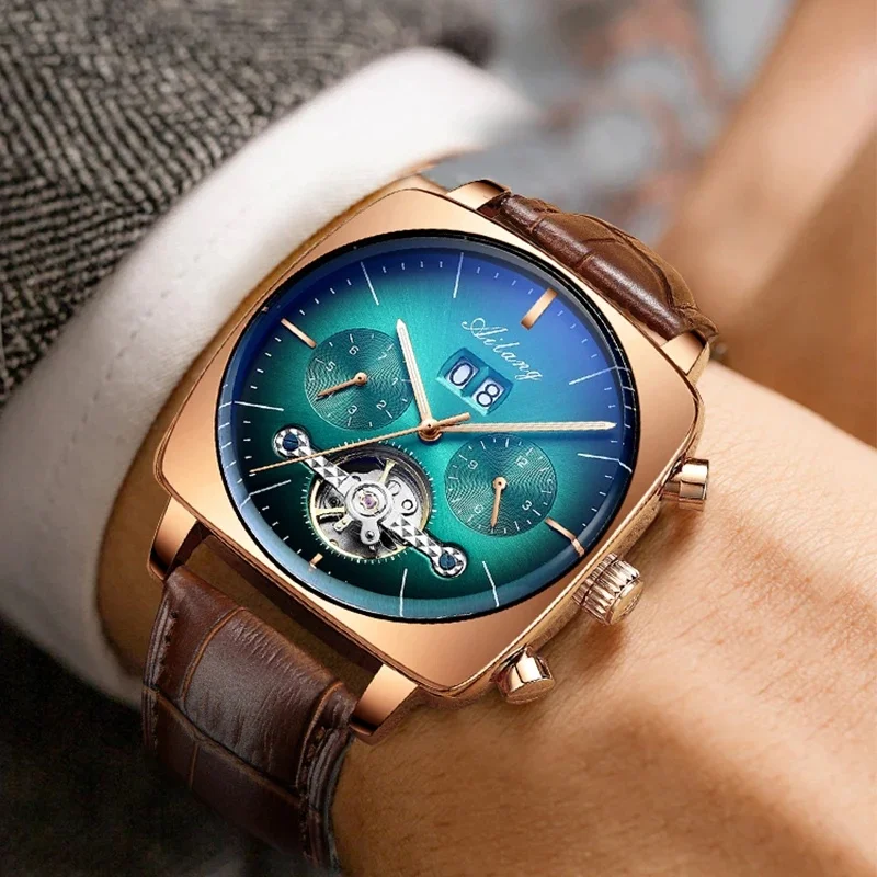 AILANG 8655 Men’s Square Tourbillon Automatic Mechanical Watch, Large Green Dial, Leather Strap, Waterproof, Fashion Wristwatch,