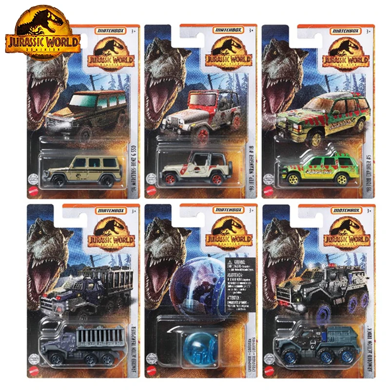 6pcs/set Original Mattel Jurassic World Matchbox Dinosaur Alloy Car Models Benz Off-road Truck Jeep Toys for Boys 1/64 Diecast