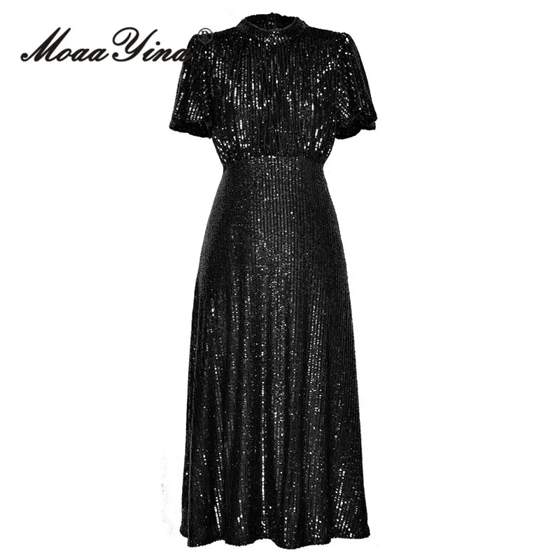 

MoaaYina Round Neck Short Sleeved Waist Cinched Full Body Sequin Temperament Dress Princess Style Dress 2025 Summer New Item