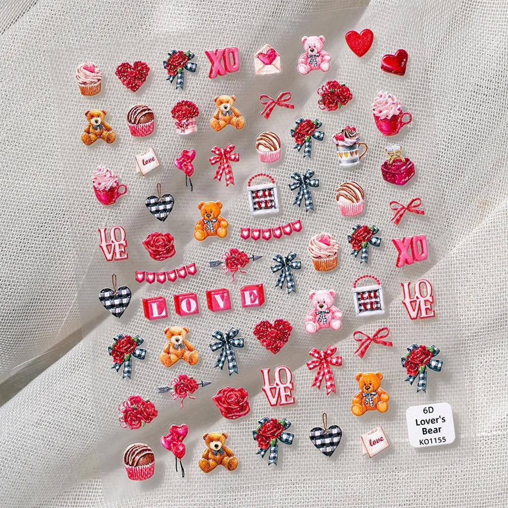 

3D Cute Teddy Bear Nail Stickers Romantic Rose Cupcake Heart Designs Valentines Love Theme Red Black Nail Art