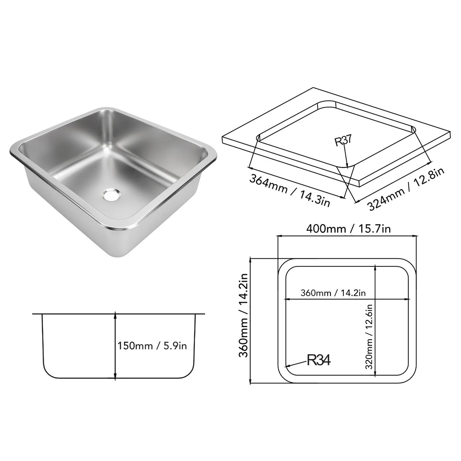 RV Kitchen Sink 16×14.4×12inch Stainless Steel Large Capacity Efficient Drainage Heat Resistant for Caravan Motorhome Boat Yacht