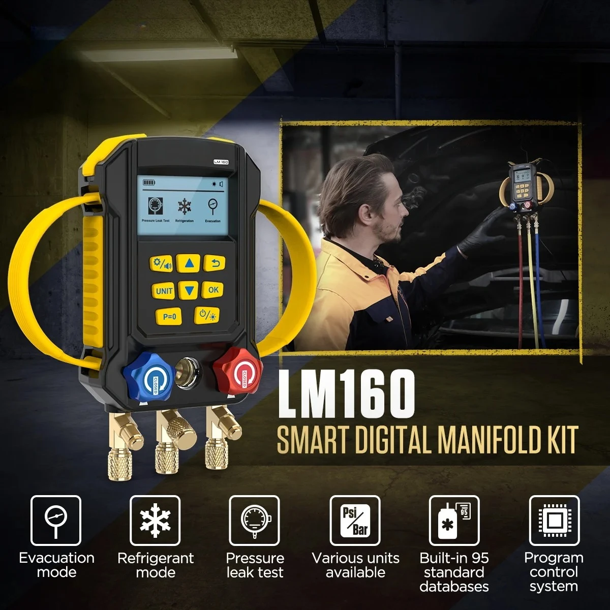 LM160 Refrigeration Digital Manifold Gauge for Temperature Pressure Refrigeration Digital Vacuum Pressure Gauge Tool Kit