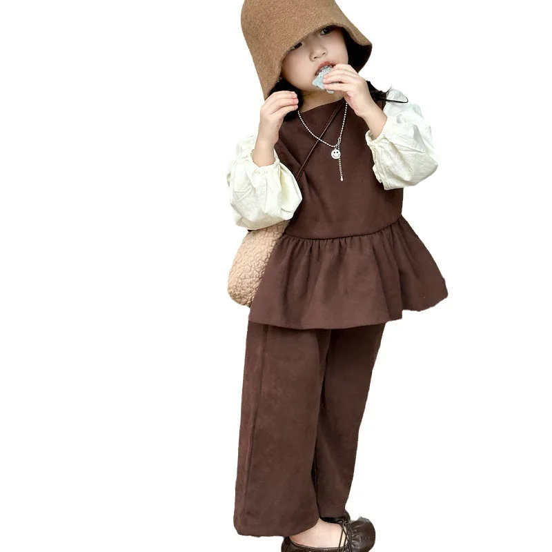 Children Clothing Set Girls Puff Sleeve Bottoming Shirt and Vest Pants Three-Piece Suit 23 Autumn and Winter Clothing NewSet