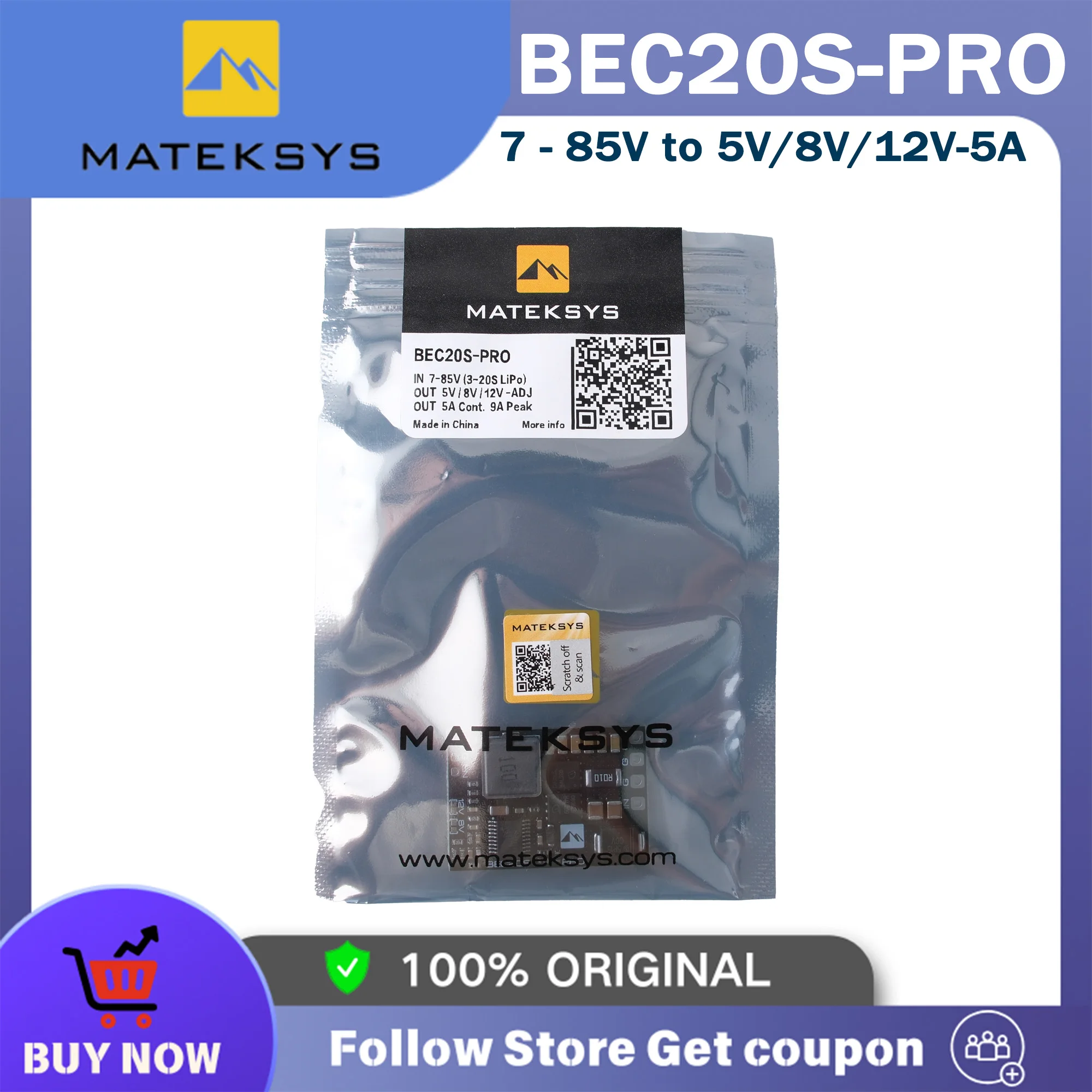 Mateksys BEC20S-PRO High Voltage BEC 7-85V Input 5V 8V 12V Output 5A Step Down Module for 3-20S LiPo FPV Racing Drone