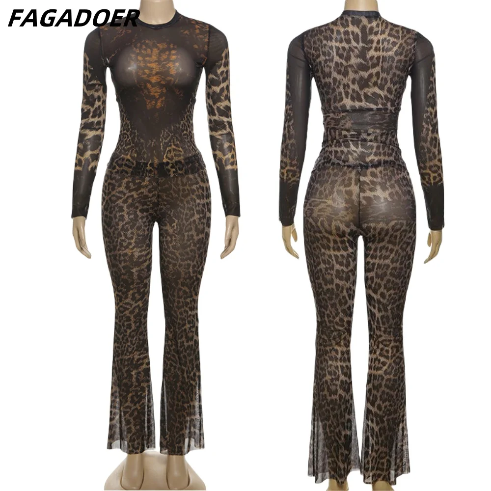 FAGADOER Sexy Leopard Two Piece Set for Women Long Sleeve Sheer Crop Tops and High Waist Flare Pants Outfits Hot Girl Streetwear