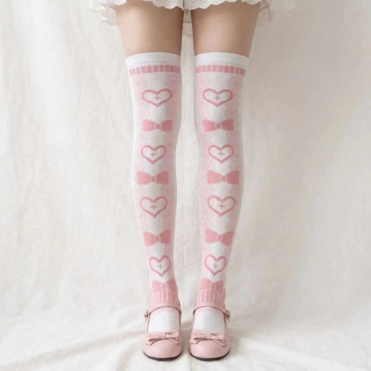 Girl Summer Thin Party Date Socks Cosplay Cute Pink Princess Lolita Over Knee Socks Love Bow Printed Socks