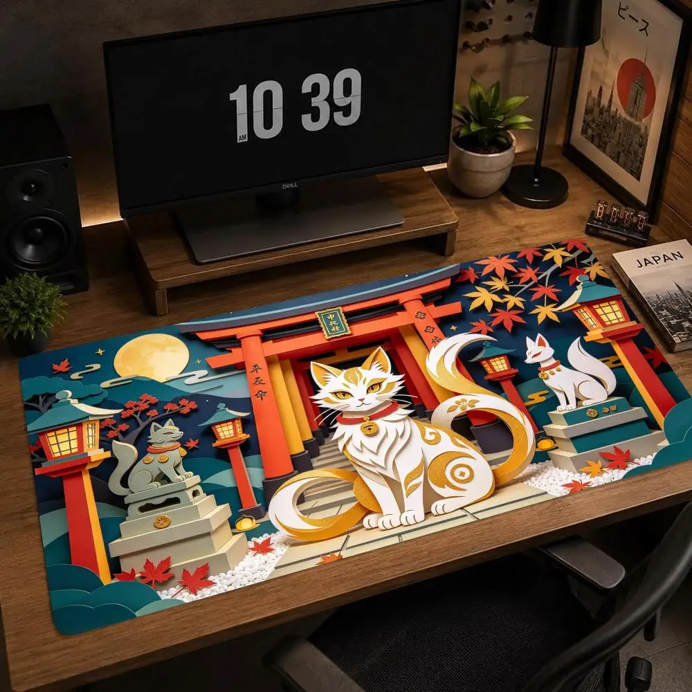 Inari Lucky Cat Fox Shrine Desk Mat Stitched Edges Smooth Glide Large Size For Gaming Study Desk Decor