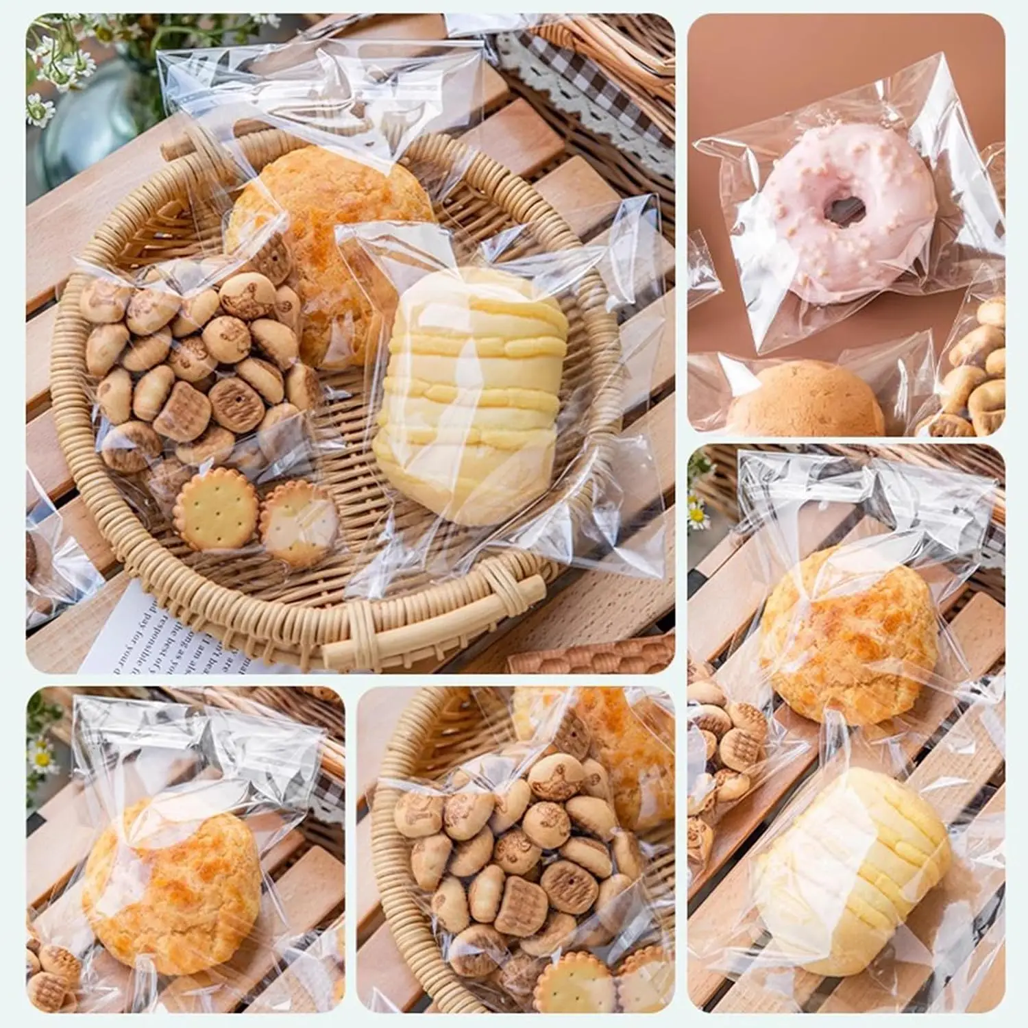 Multi sized transparent bags with sealed paper bags, for packaging cookies, desserts, gifts,products,candies,clothes,shoes, etc