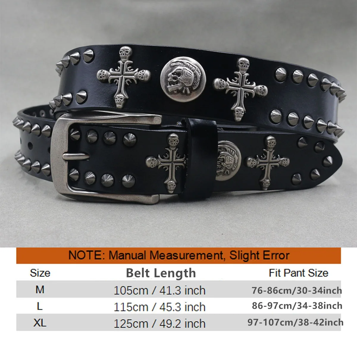 Metal Skull Cross Rivet Genuine Leather Cowboy Belt Genuine Leather Cowskin Men Belt Punk Rivet Jeans Belts For Men Ceinture