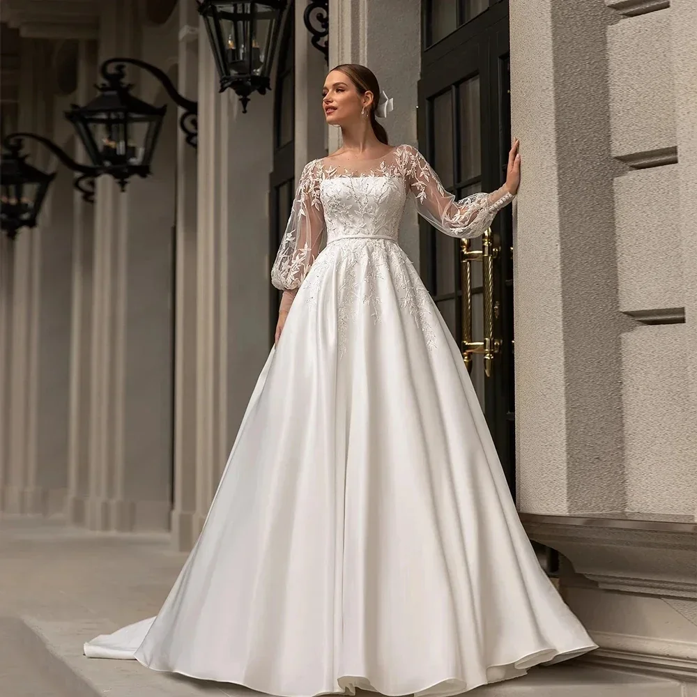 Lace Application Wedding Dress 2024 A-line Fluffy Pleated Satin Ball Dress Long sleeved Formal Bride Beach Party Dress