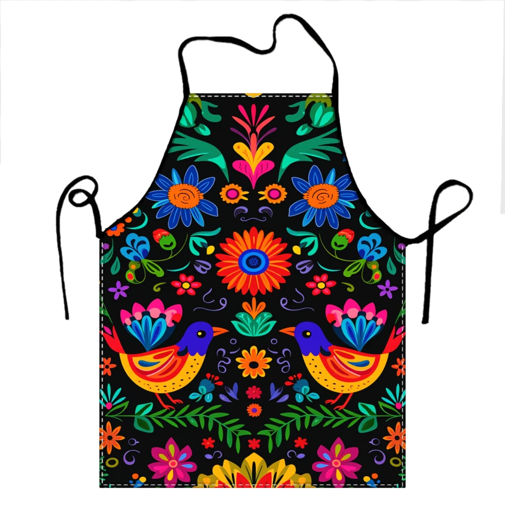 Mexican Style Apron Black Color Vibrant Floral And Bird Multicolor Flowers Leaves Pattern For Cooking And Kitchen Use Aprons