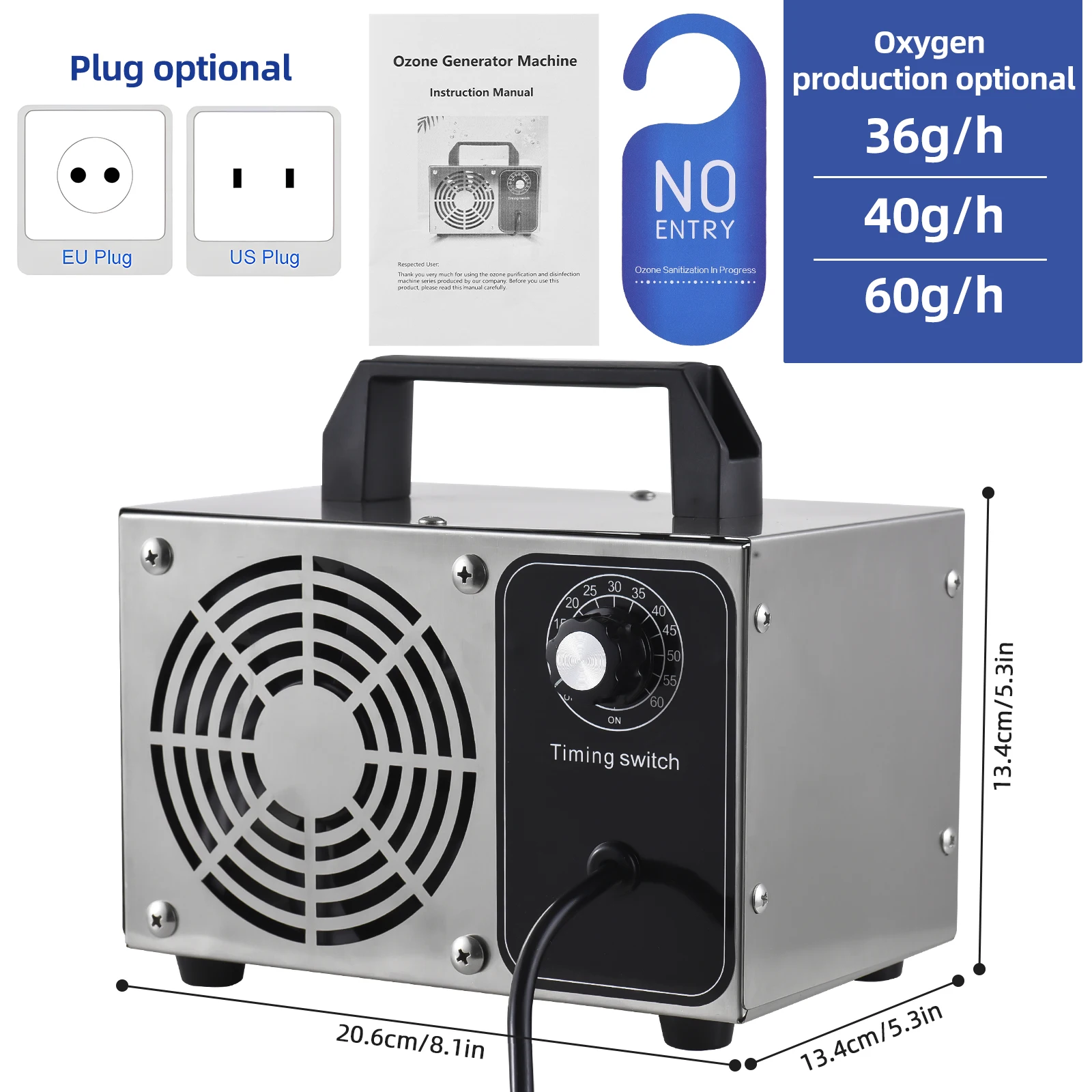 Ozone Machine Odor Removal Ionizer Air Purifier Ozone for Home Car Pet with Portable Handle 0-60min Timer