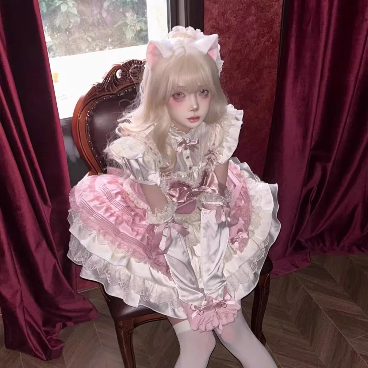 

Women Kawaii Lace Ruffles Slim Blouse Y2k Tops Cake Mini Skirts Girls Tea Party Dress Japanese Sweet Lolita Princess Dress Set