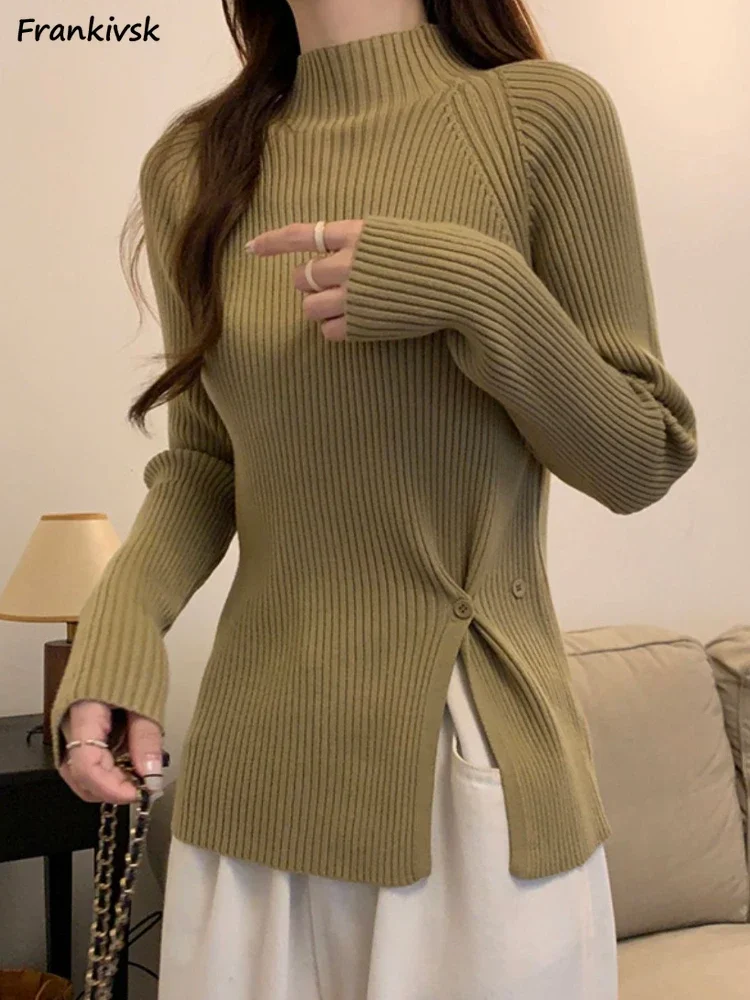 

Mock Neck Sweater Women Autumn Korean Commuting Style Side-slit Fashion Long Sleeve All-match Warm Popular Knitting College Chic