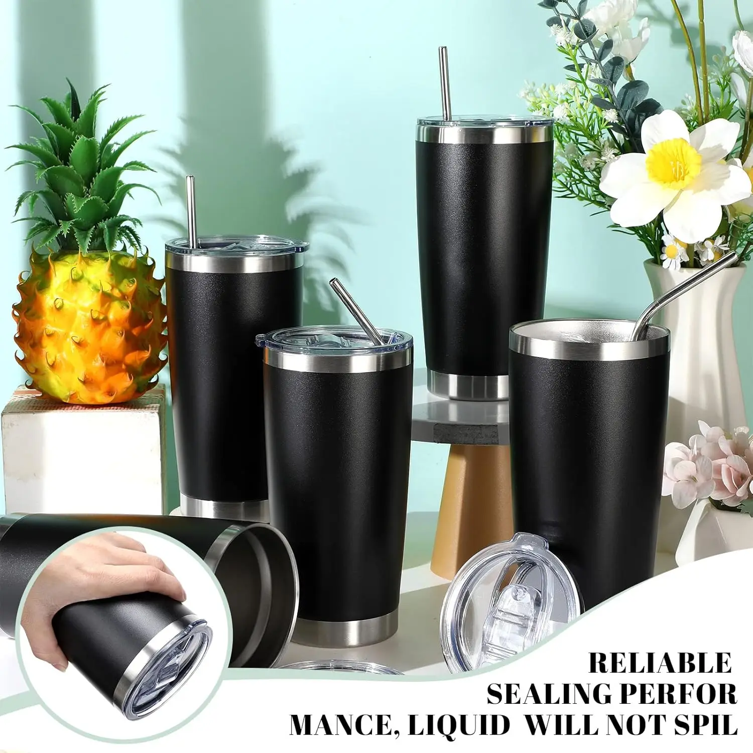 25 عبوة من أكواب الفولاذ المقاوم للصدأ سعة 20 أونصة، كوب سفر معزول بجدار مزدوج مع غطاء (أسود) #6