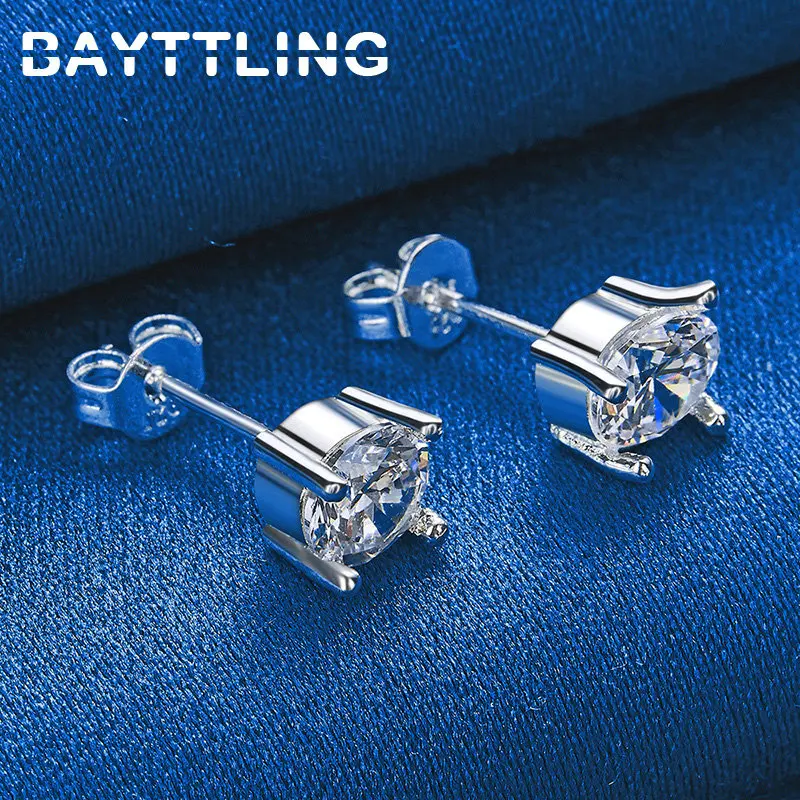 BAYTTLING 925 Sterling Silver Exquisite 5MM Crystal Zircon Stud Earrings For Women Men Fashion Hip Hop Earrings Accessories