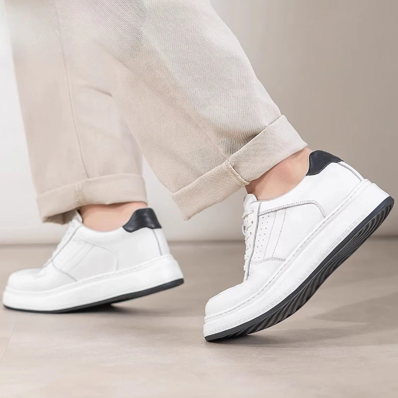 White Height Increasing Board Shoes for Men's 6cm Elevator Genuine Leather Comfortable Breathable Thick Sole Casual Sports Shoes