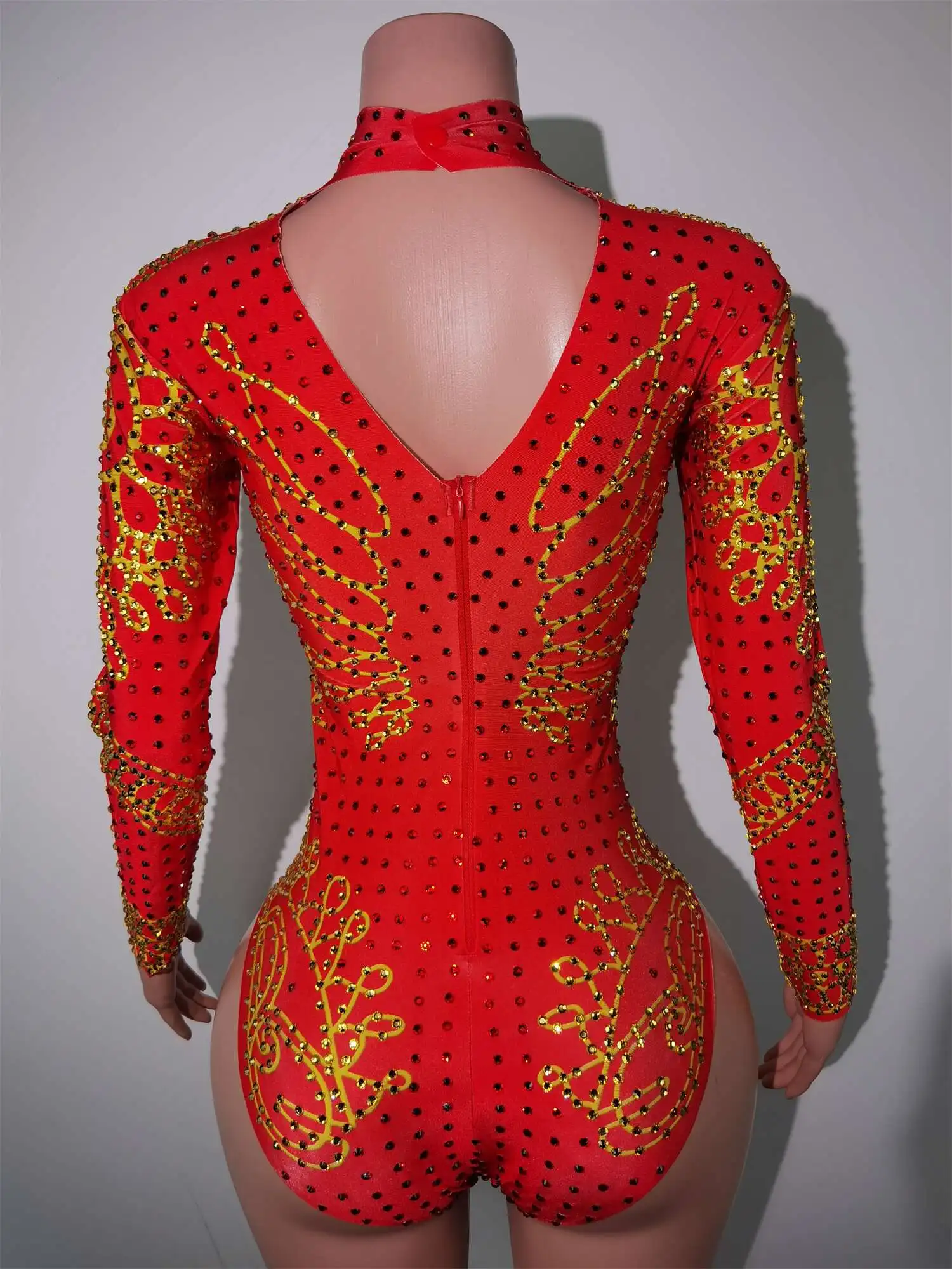 Women Sexy Sparkly Crystal Diamond Red Stretch Jumpsuit Nightclub Outfit Singer Dancer Party Stage Costume Napolun