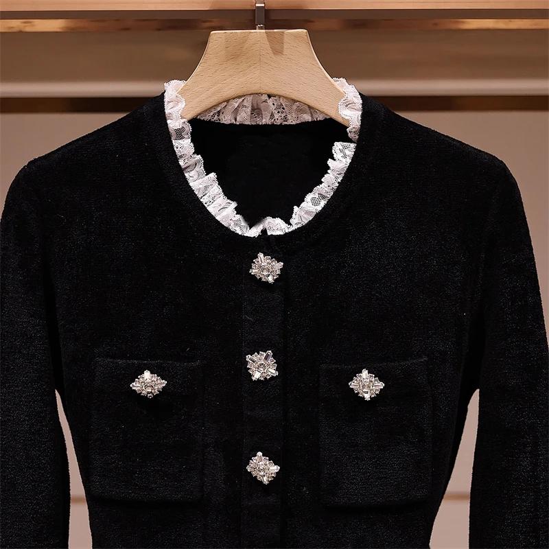 New Spring Women's Round Neck Velvet Chenille Knit Cardigan High-Quality Fashionable Commuter Top with Diamond Button Decoration