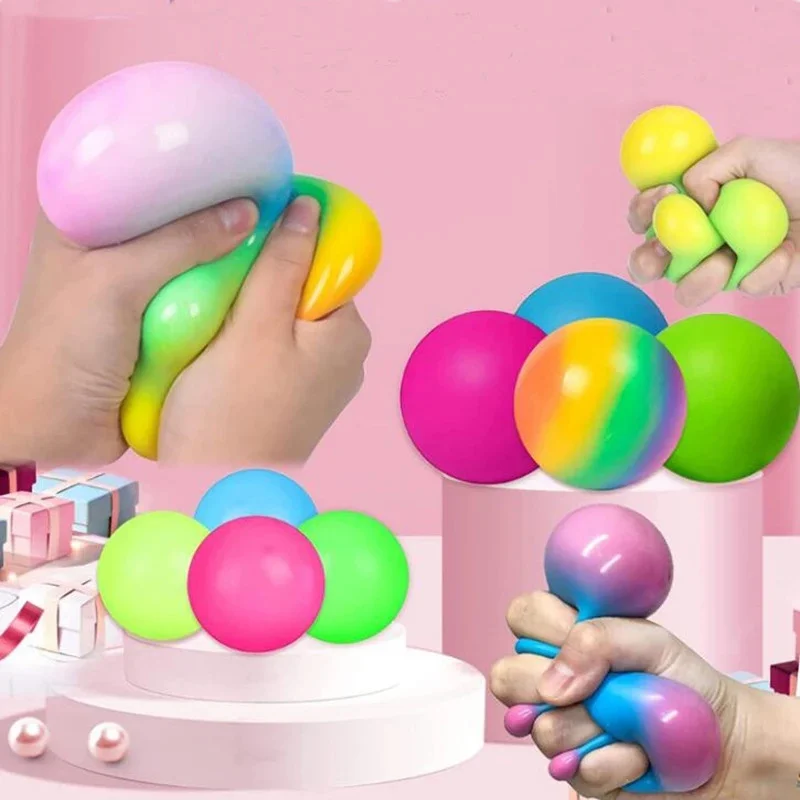 3PCS TPR Squishy Ball Stress Relief Toy Rainbow Flour Squeeze Ball Decompression Beads Sensory Fidget Gift For Kids Adults Party