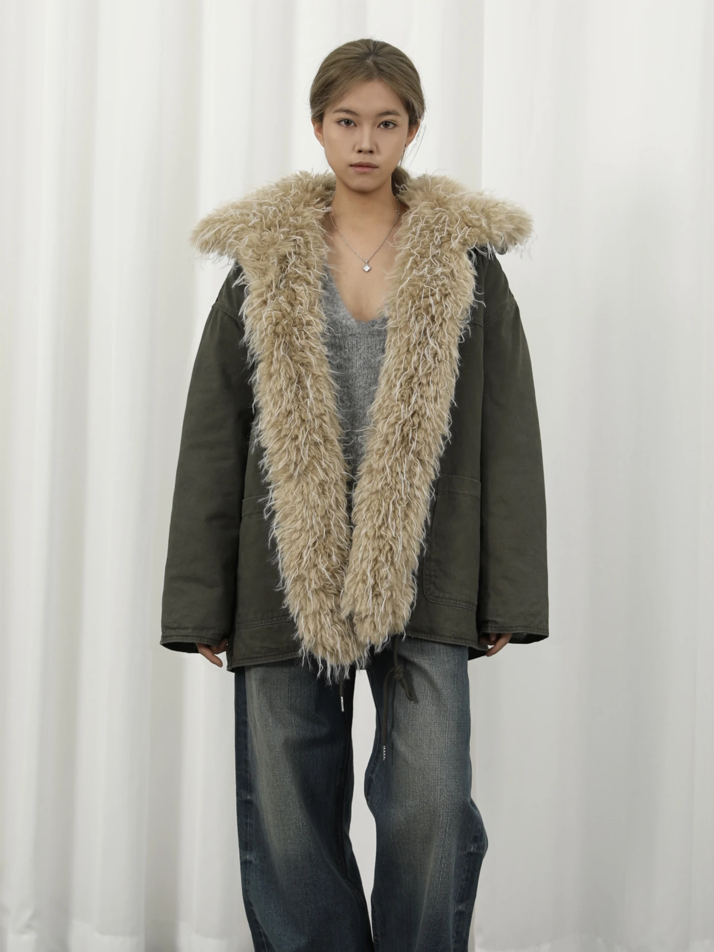 

Зимняя винтажная свободная женская парка JinNiz Thiened с отстегивающимся теплым хлопковым наполнителем и большим меховым воротником