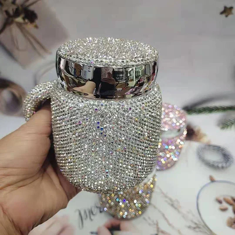 Sparkling Rhinestones Coffee Mug Cup with Lid with Handle Bling Ceramic Tea Cup Mugs Tumbler Water Bottle Glitter Gifts