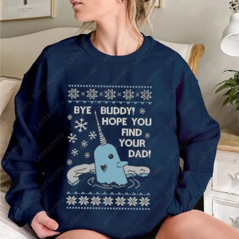 Bye Buddy Weihnachts-Cartoon-Sweatshirt „Hope You Find Your Dad“, Elfe, Narwal, lustiger Weihnachts-Damen-Kapuzenpullover, festlicher Urlaub, Party-Kapuzenpullover