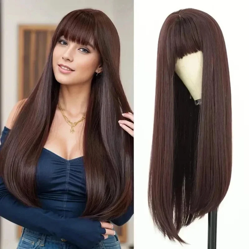 Hair New Fashion Women's Long Natural Dark Brown Straight Wigs 24 In