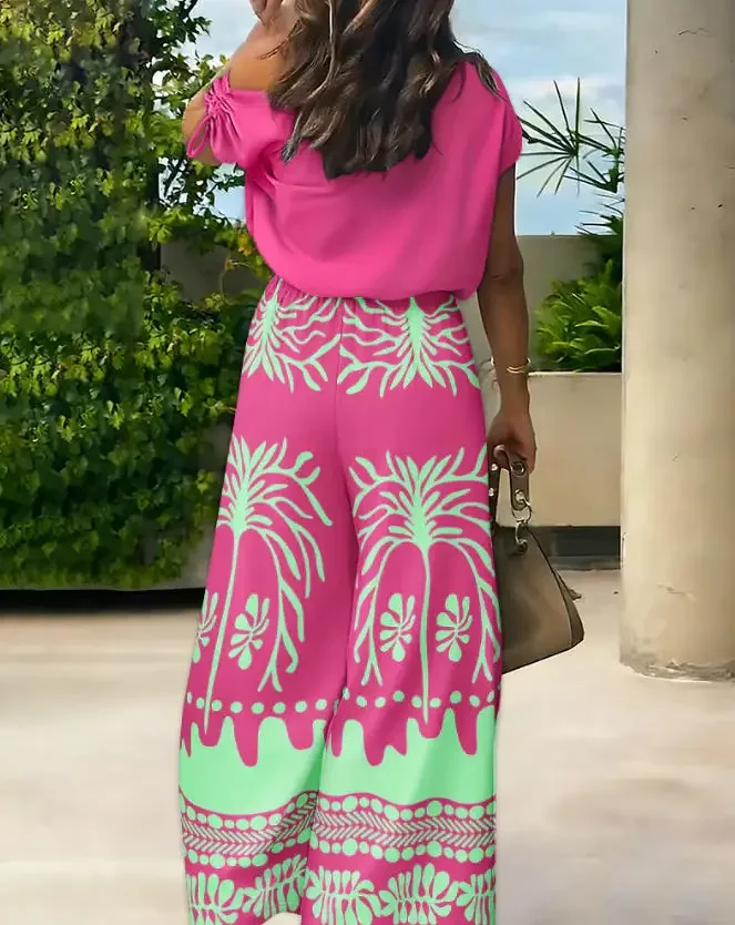 Women's 2-Piece Diagonal Collar Drawstring Top and High Waist Wide Leg Tropical Printed Pants Set - with Pockets