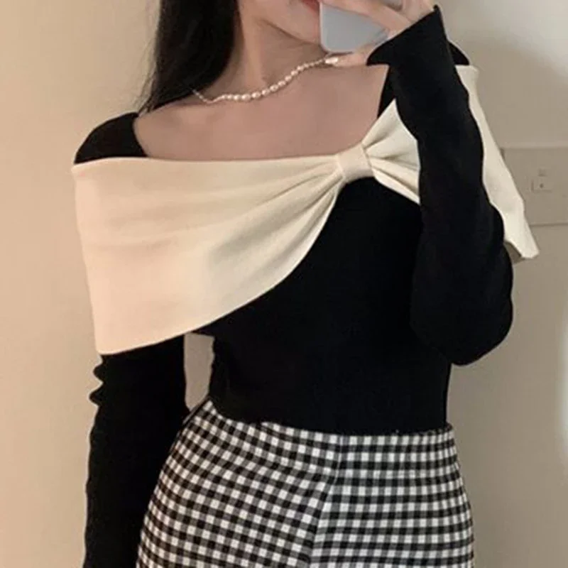 French Bow Contrast Long sleeved Knitted Shirt Women's Autumn High Grade Collar Bone Slim Fit Sweater Top
