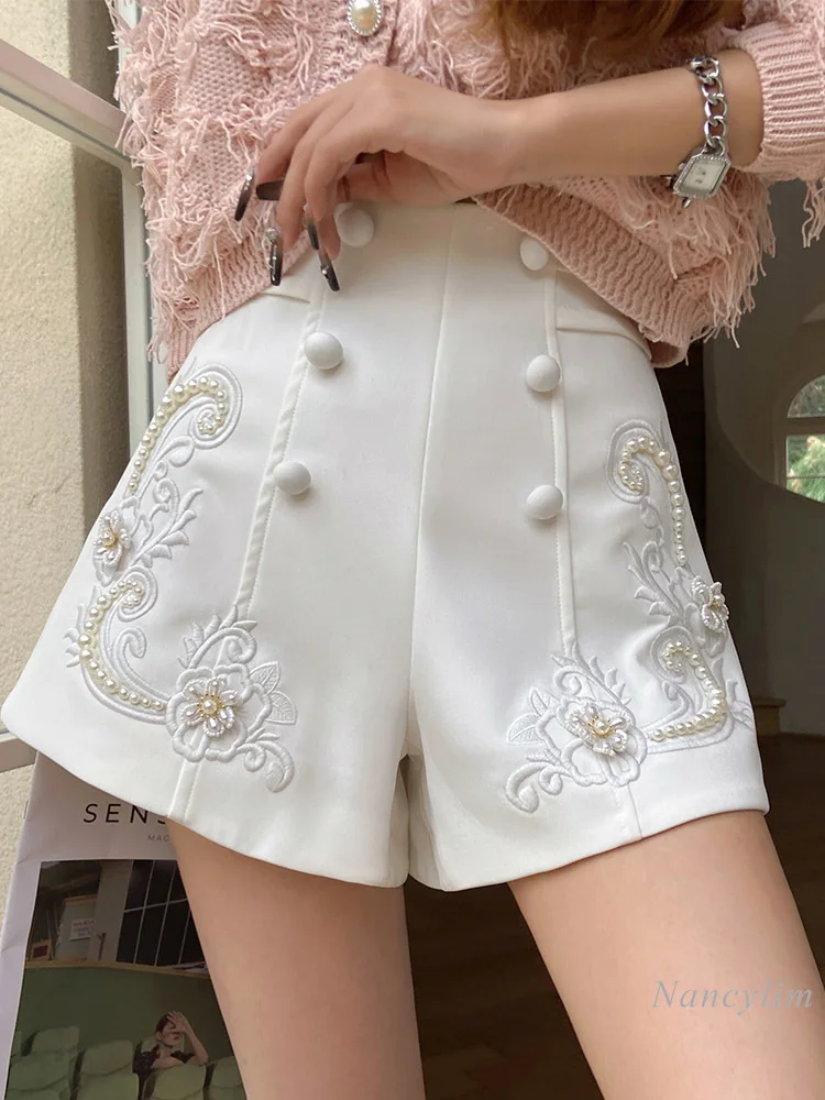 Machine Embroidery Beaded Flower A- Line Wide Leg Casual Shorts Women\'s Korean Style High Waist Double Breasted Slimming Shorts