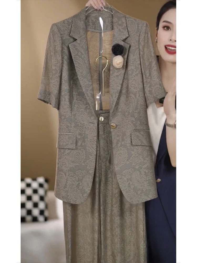 

Summer Professional Suit Set Women's Heavy Industry Short Sleeve Blazer+Wide Leg Pants Two Piece Sets