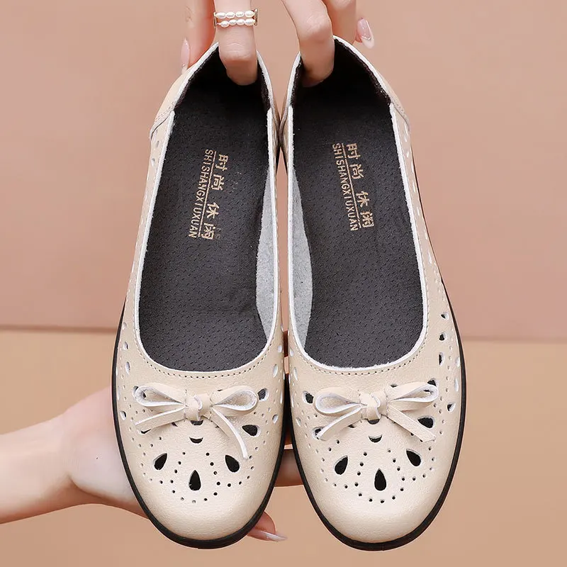 Summer Women Casual Shoes Leather Soft Sandals Female Ballet Flats Sneakers Cut Out Slip On Moccasins Ladies Footwear WSH4826