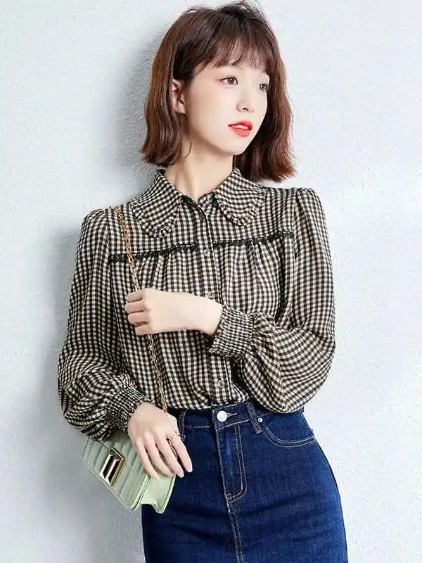 

Spring Retro Plaid Loose Thin Shirt Women's Cleanfit Style Polyester Material A-Sleeve Short Sleeve Non-deformable Thin Shirt
