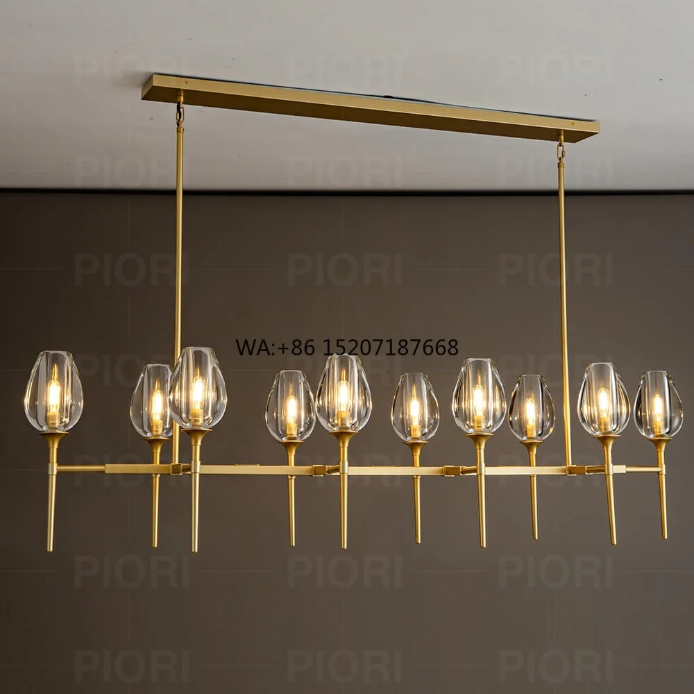 Rustic American Gold Brass Luxury Crystal Lighting Chandelier For Indoor Dining Room Rectangle Linear Design Chandelier Modern
