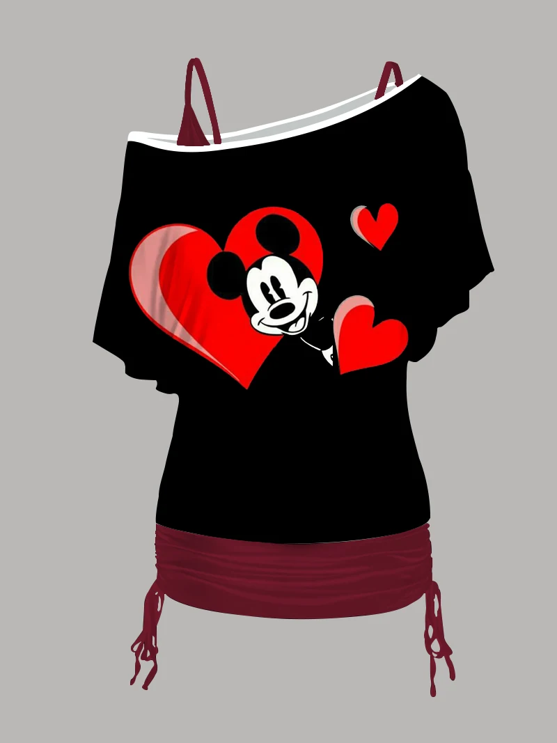 Disney Tops T-shirt One Shoulder Sleeve Mini Skirt Woman Clothing Mickey Minnie Mouse Dress Two Piece Set Crew Neck Sexy Women's