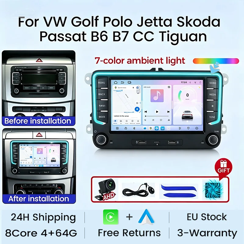 EU-Lagerbestand 7' Android15 Kabelloses Carplay Autoradio für VW Golf 5 6 Passat Polo 6R Touran Tiguan Caddy EOS Jetta Seat Skoda RDS FM BT 4G LTE WIFI