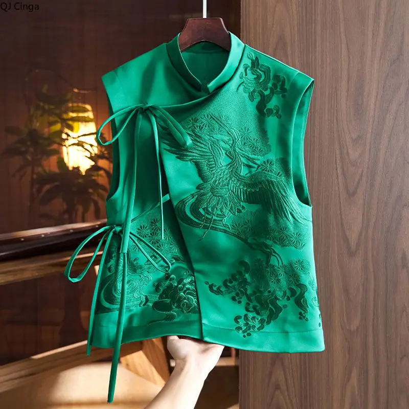 

Chinese-style Women's Green Sleeveless Vest Jacket, Chinese Crane Pattern Embroidered Decorative Top, Asian Size Black Vests