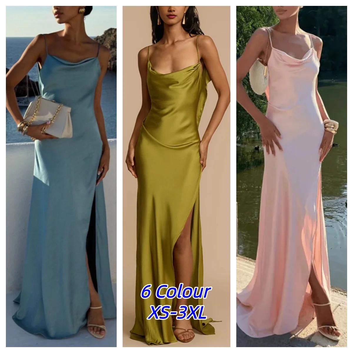Elegante Hochgeschnittene Schlitz-Partykleider für Damen Sexy Einfarbiges Rückenfreies Ärmelloses Langes Kleid Sommer Schickes Trägerkleid Abendkleid Locker Sitzende Vestidos
